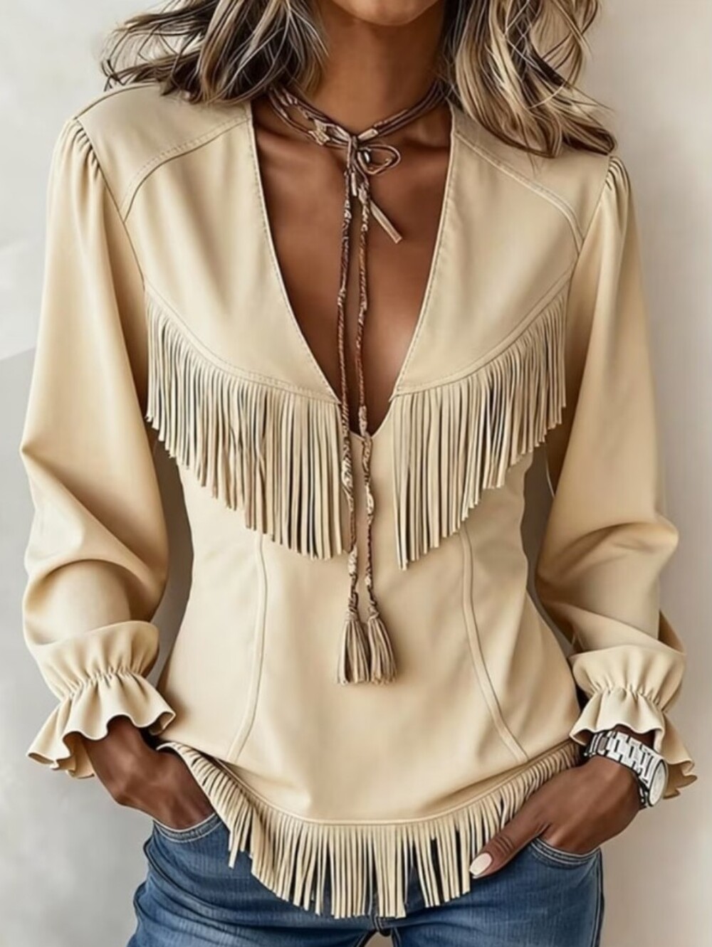 Fringe Trim V Neck Solid Top Women Casual Top